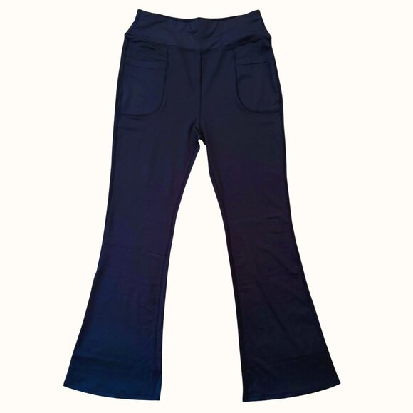 Boutique Pants - Flared Knit Pull On Pants Womens Large Navy Blue with Pockets